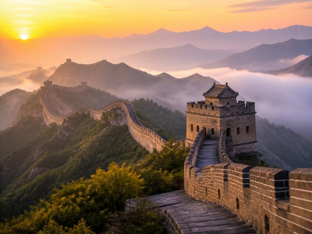 Grande Muralha da China ao amanhecer entre montanhas nebulosas