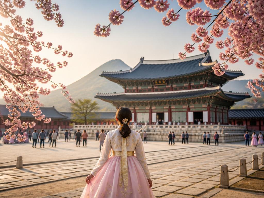 Palácio coreano Gyeongbokgung com cerejeiras em flor